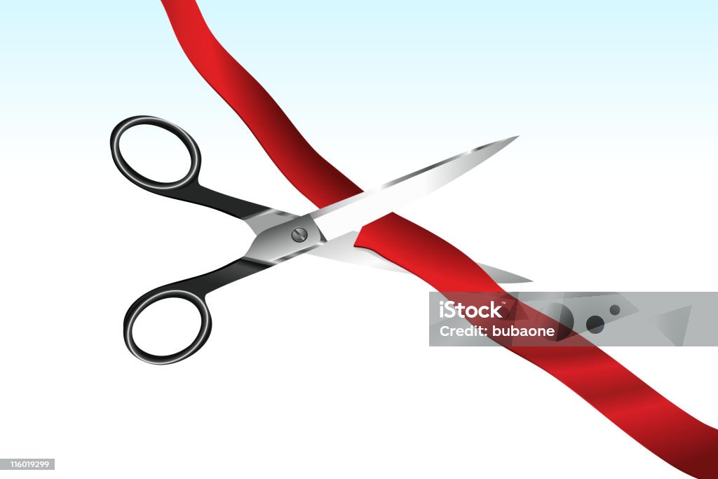 Cutting Red Ribbon for Grand Opening royalty free vector illustration A ribbon cutting ceremony honors a grand opening. Sharp silver scissors are cutting a red ribbon.  The background is light blue at the top. The image is vector based. Ribbon Cutting stock vector