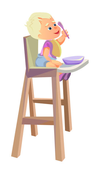 ilustrações, clipart, desenhos animados e ícones de bebê dos desenhos animados que senta-se na colher do highchair à disposicão - house home interior small human hand