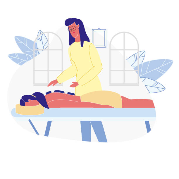 Woman Relaxing in SPA Flat Vector Illustration Woman Relaxing in SPA Flat Vector Illustration. Female Cartoon Character Lying, Getting Professional Stones Massage. Girl Leisure Activity, Skin, Body Care. Masseur, Cosmetology, Beauty Salon Worker massaging illustrations stock illustrations