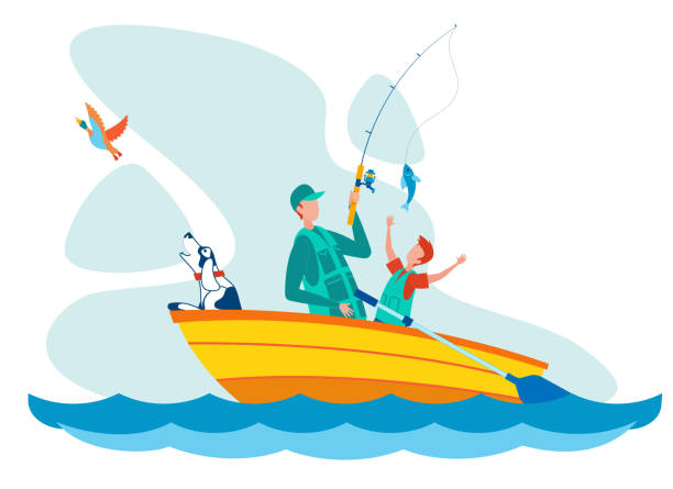 illustrazioni stock, clip art, cartoni animati e icone di tendenza di illustrazione vettoriale piatta di pesca padre e figlio - nautical vessel fishing child image