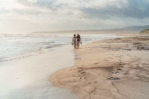 Young adult homosexual couple walking on the beach together