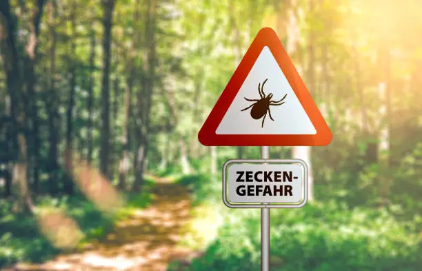 close-up of warning sign with text ZECKEN GEFAHR, German for beware of ticks, against defocused forest background