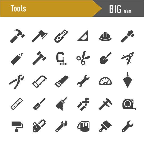 ilustraciones, imágenes clip art, dibujos animados e iconos de stock de iconos de herramientas - big series - wrench ruler screwdriver hammer