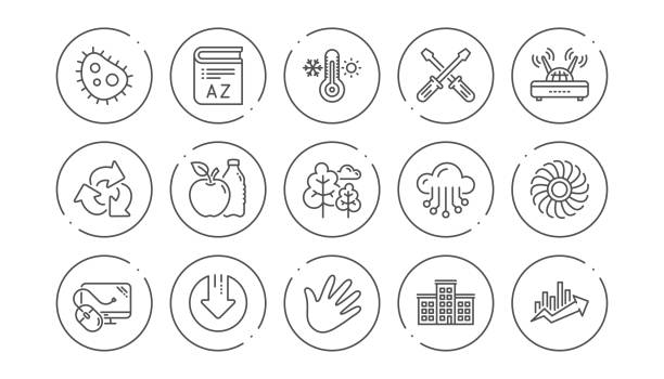 Company building, Fan engine and Profits chart line icons. Jet turbine, Wind energy. Linear icon set. Vector Company building, Fan engine and Profits chart line icons. Jet turbine, Wind energy and Cloud services. Linear icon set. Line buttons with icon. Editable stroke. Vector air quality stock illustrations