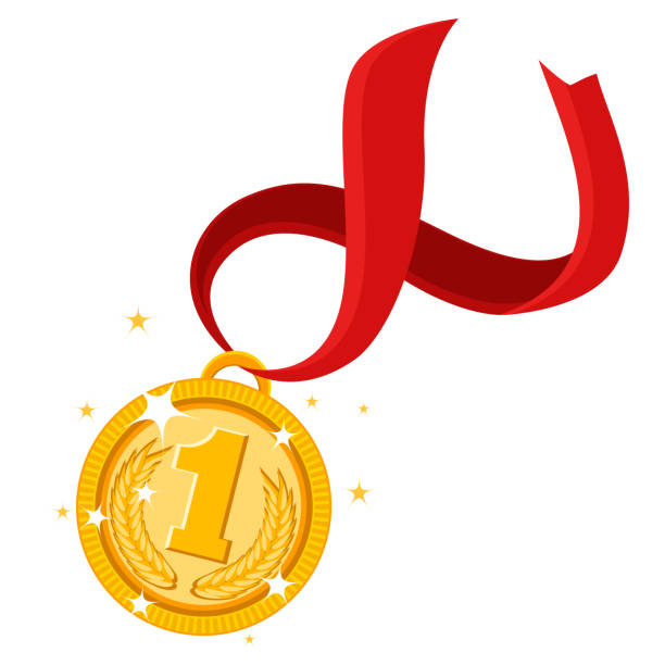 白に赤いリボンで1位の金メダル。 - gold medal medal ribbon gold点のイラスト素材／クリップアート素材／マンガ素材／アイコン素材
