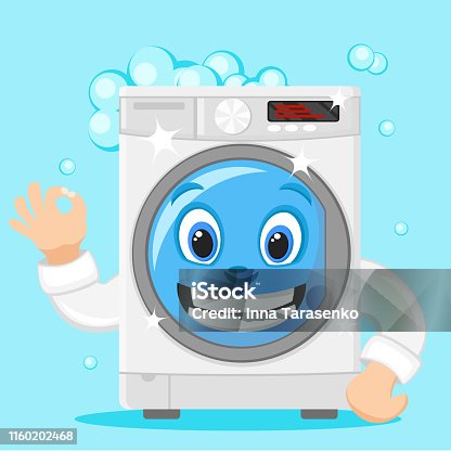 istock Washing machine smiles and shows the class, on a white. Character 1160202468