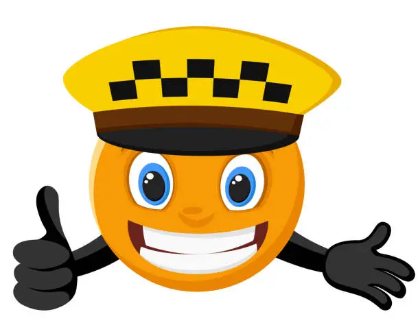 Vector illustration of Smiley in the taxi driver's hat smiles and shows a like on a white.