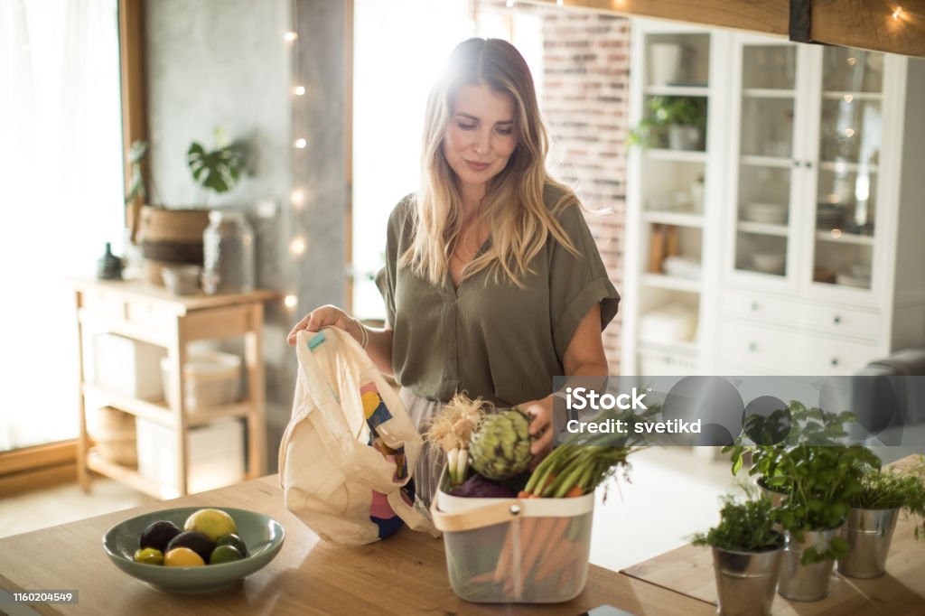 Healthy purchasing from grocery Woman coming home from grocery and carrying healthy organic veggies. She is up to make some fantastic vegan meal Women Stock Photo
