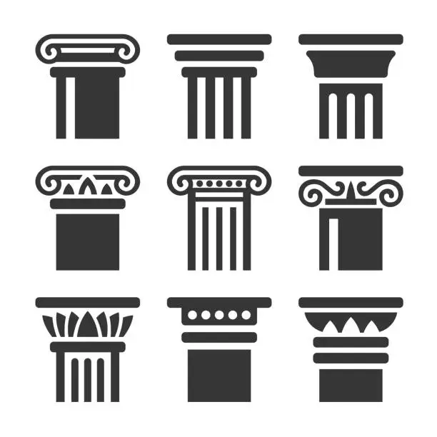 Vector illustration of Ancient Columns Icon Set on White Background. Vector