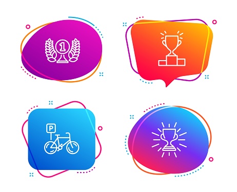 Winner podium, Laureate award and Bicycle parking icons simple set. Trophy sign. Competition results, Prize, Bike park. Winner cup. Sports set. Speech bubble winner podium icon. Vector