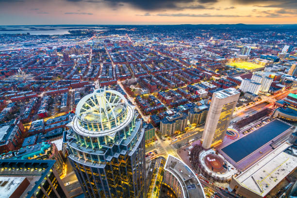 Boston, Massachusetts, USA cityscape at dusk towards Back Bay.