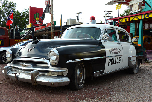 Seligman, Arizona, 07/20/2013\nvintage police car in Seligman at Route 66