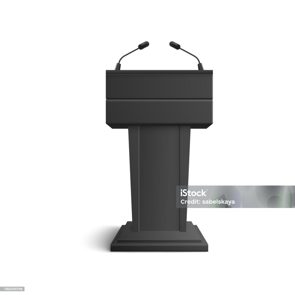 Black Stand Tribune And Podium With Microphones For Speeches And Speakers  Stock Illustration - Download Image Now - iStock