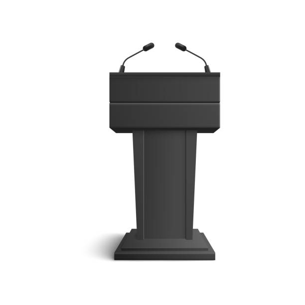 Black stand, tribune and podium with microphones for speeches and speakers. Black stand, tribune and podium with microphones for speeches and speakers, seminars and lectures, isolated realistic vector illustration. tribune tower stock illustrations