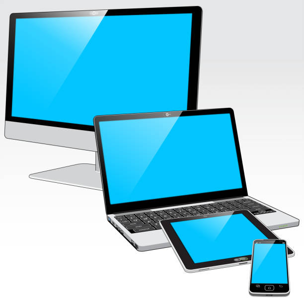 illustrations, cliparts, dessins animés et icônes de un ordinateur portable, ordinateur tablette, smartphone et afficher "tout en un" ordinateur - écrans bleus blancs - data mobility downloading digital tablet