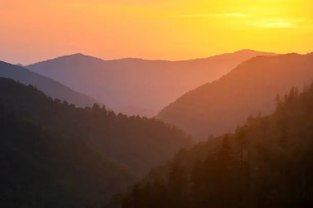 Haze glows in the sunset in the Great Smoky Mountains National Park