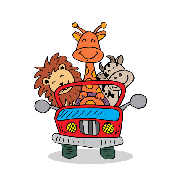 illustrations, cliparts, dessins animés et icônes de animaux africains dans la voiture. illustration de dessin animé. - vector elephant isolated on red female animal