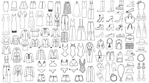 illustrazioni stock, clip art, cartoni animati e icone di tendenza di set disegnato a mano di vestiti da donna. line art set. - gonna