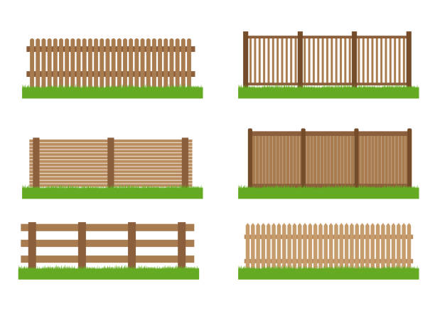 흰색 배경에 고립 된 디자인나무 울타리 벡터 세트 요소의 컬렉션 - picket fence fence picket front or back yard stock illustrations