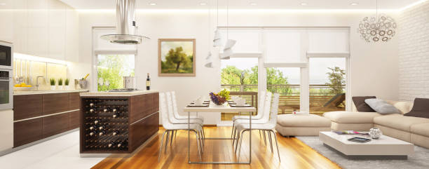 istock Large modern kitchen combined with a living room with large windows 1160215683