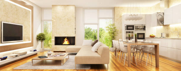 istock Modern living room with fireplace and kitchen 1160215730