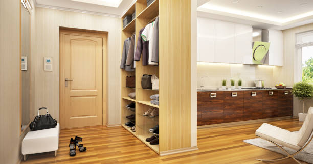 istock Interior design, entrance closet and modern kitchen 1160215741