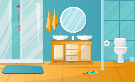 Modern bathroom interior with shower cabin. Bathroom furniture - stand with two sinks, towels, liquid soap, roundl mirror, toilet. Flat cartoon vector illustration