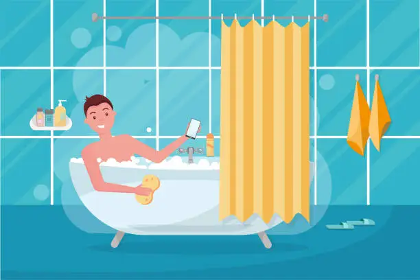 Vector illustration of Young man in bathtub bubble foam. Bathroom home interior with bath in tile with shower curtain. Guy holding washcloth and using smartphone.picture on personal hygiene. Flat cartoon vector illustration