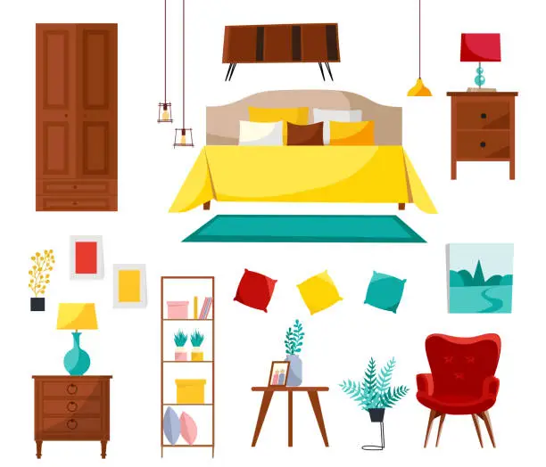 Vector illustration of Bedroom interior collection with double bed, nightstands, wardrobe, shelf, armchair, stuff. Set of bedroom furniture. Modern design isolated on white background Flat cartoon style vector illustration