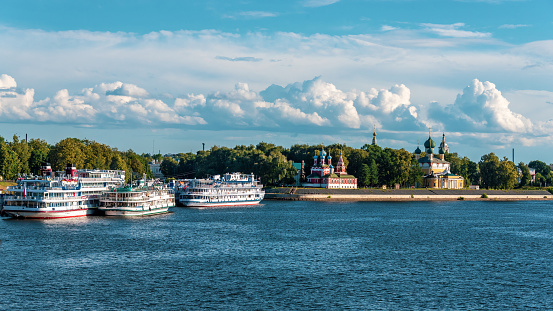 Ship at the pier in the ancient Russian city of Uglich