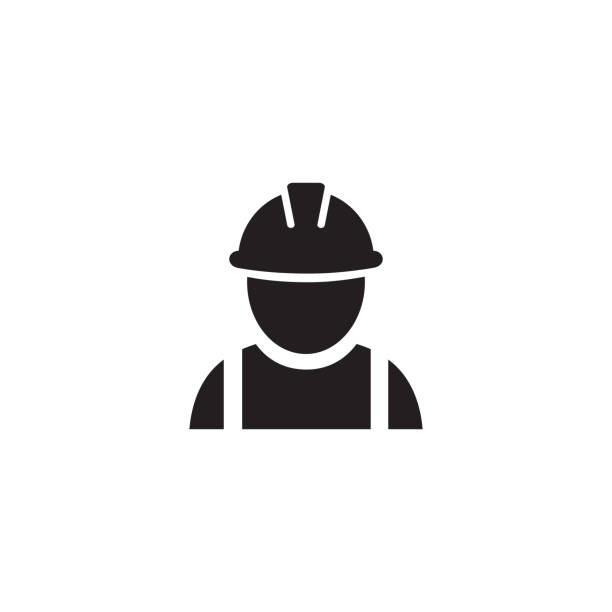 ilustraciones, imágenes clip art, dibujos animados e iconos de stock de icono vectorial de trabajador de la construcción sobre blanco - hard hat