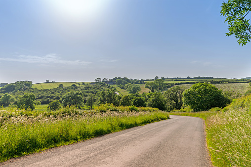 Sittenham Hill.  A tarmac road leads downhill to a bend.  Grass banks are on either side and a panorama of farmland is in the distance.