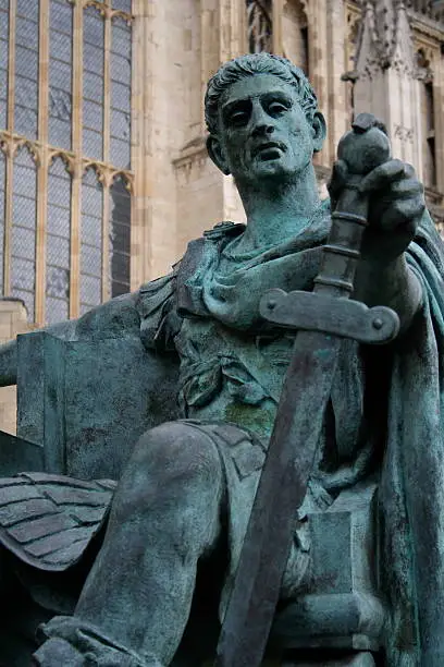 Statue of Roman Emperor Constantine the Great (AD 274 - 337) outside York Minster, Yorkshire, England. Proclaimed Roman Emperor in York AD 306.