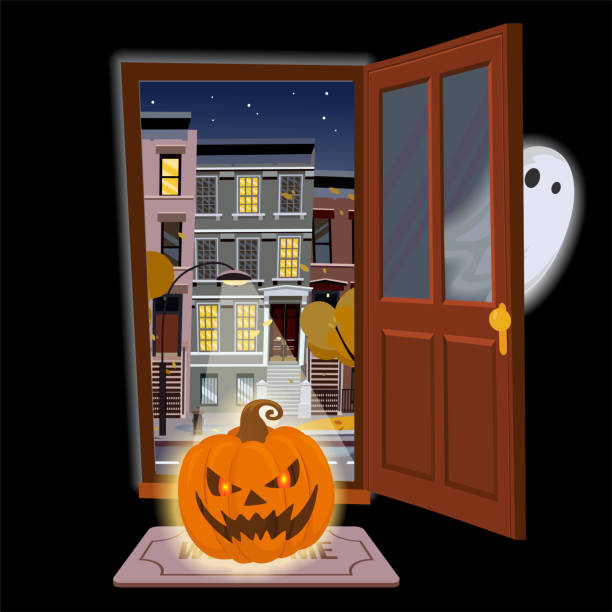 istock Flat halloween door with angry glowing pumpkin and a Ghost hiding. Open door into autumn starry night view with yellow trees. Cartoon style vector illustration. Street cityscape on black background 1160219181