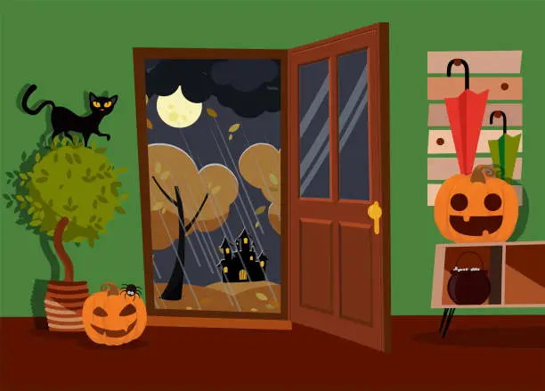 Vector illustration of Halloween interior of hallway decorated with pumpkins faces, boiler and spider with open door to street. Black cat on home plant. Moon landscape, yellow trees, rain. Flat cartoon vector illustration