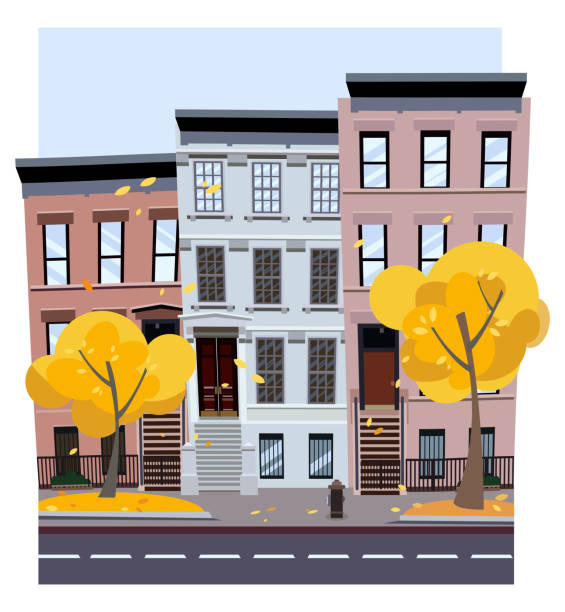 Flat Cartoon Style Vector Illustration Of An Autumn City Street  Threefourstory Uneven Houses Foliage Flies From The Trees Street Cityscape  City Landscape With Autumn Trees In The Foreground Stock Illustration -  Download