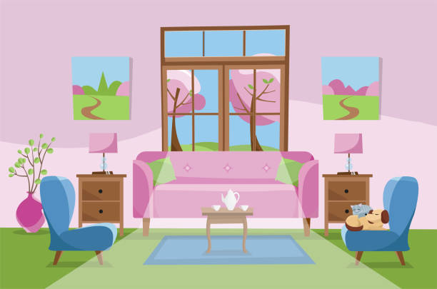 ilustrações de stock, clip art, desenhos animados e ícones de living room in pink green blue colors. pink sofa with table, nightstand, paintings, lamps,carpet, porcelain set,soft chairs in room with large window. outside spring blossom trees. flat cartoon vector - tree decoration flower carpet