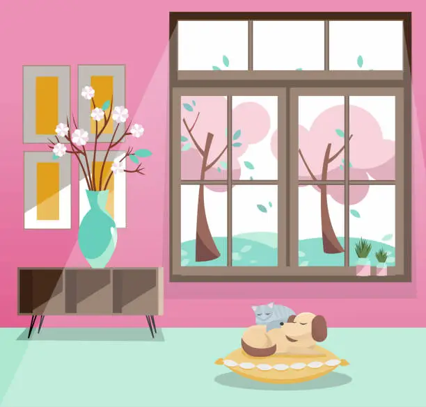 Vector illustration of Window with view of pink blooming trees, flying leaves. Spring interior with sleeping cat and dog, vase, pictures on pink wallpaper. Rainy good weather outside. Flat cartoon style vector illustration.