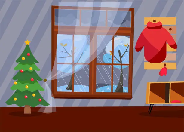 Vector illustration of Evening interior of the hallway with large window and hanger with red jacket and mittens. Transparent tulle on wooden window hides a winter landscape, decorated Christmas tree near gray striped wall