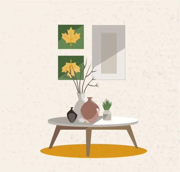 Vector illustration of Illustration of an interior group. A table on legs with a clay vases, indoor plants and posters on the wall. Beige wall with rough texture. Flat cartoon style vector illustration.