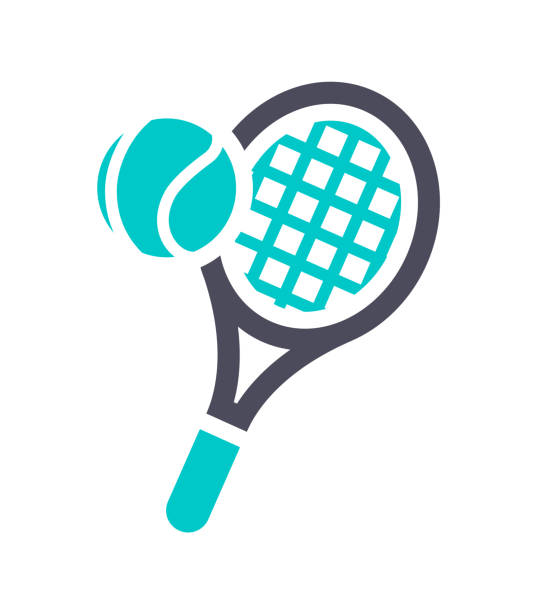 흰색 배경의 회색 청록색 아이콘 - tennis tennis racket racket tennis ball stock illustrations