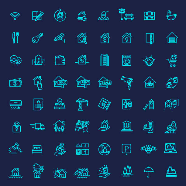 Vector Set of Real Estate Related Outline web icons set - Real Estate - Vector real estate icons stock illustrations