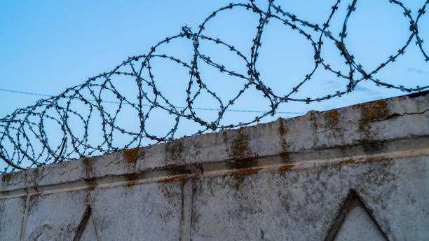 istock barbed wire on the fence, territory security 1160227001