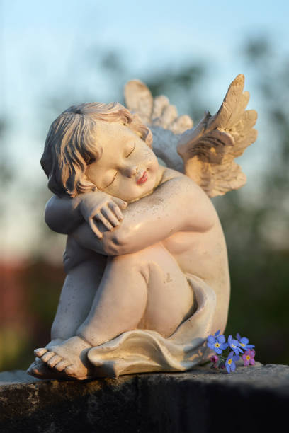 istock Sleeping guardian angel and blue flowers 1160227226