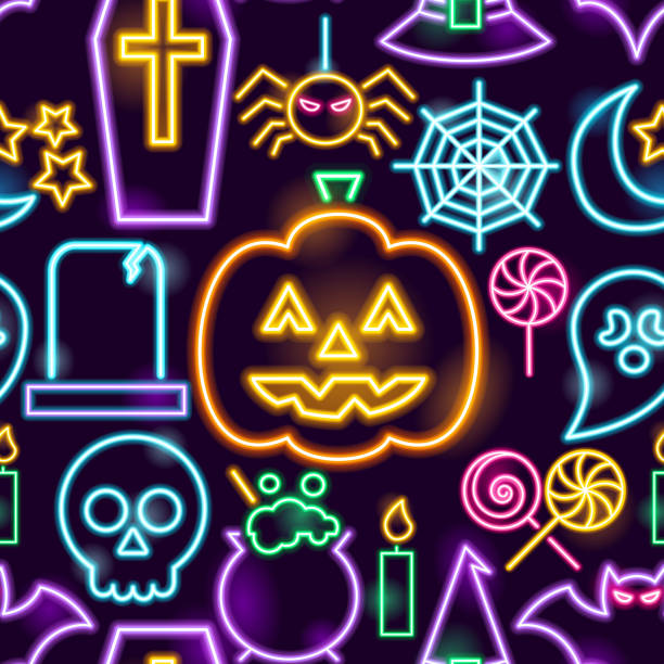 ilustrações de stock, clip art, desenhos animados e ícones de halloween neon seamless pattern - animal skull skull halloween backgrounds