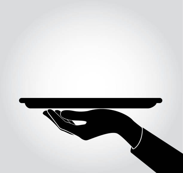 pelayan / pelayan menyajikan ikon, piring vektor - butler holding food ilustrasi stok