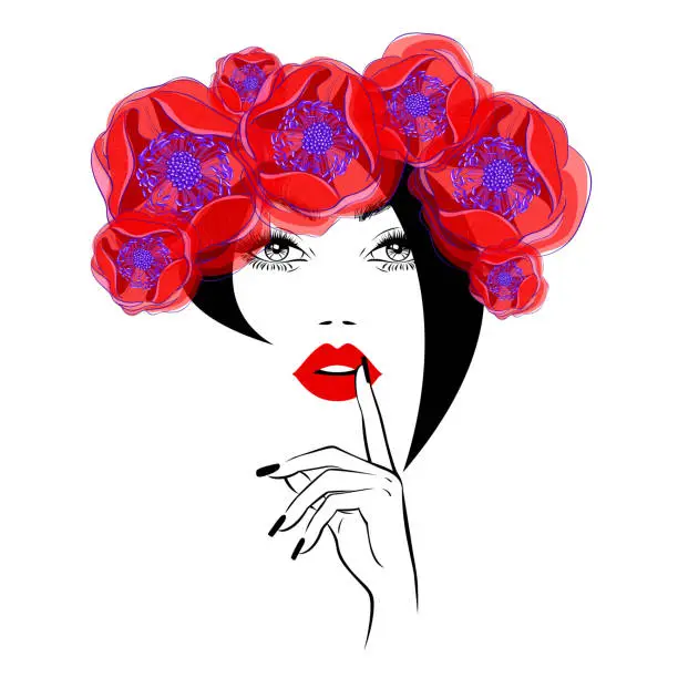 Vector illustration of Beautiful woman face, black abstract hairstyle, diadem and wreath from the beautiful red flowers, lush eyelashes, red lips, hand with red manicure nails. Beauty logo, spa salon, vector illustration.