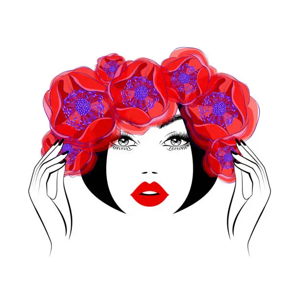 Vector illustration of Beautiful woman face, black abstract hairstyle, diadem and wreath from the beautiful red flowers, lush eyelashes, red lips, hand with red manicure nails. Beauty logo, spa salon, vector illustration.