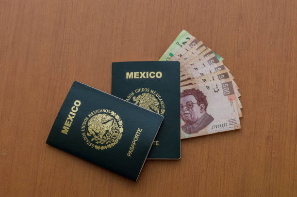 Two Mexican passports stacked. A package of five hundred Mexican pesos bills arranged like a fan on a wooden table. Mexican cash pesos. Concept of travel and tourism. Two Mexican passports stacked. A package of five hundred Mexican pesos bills arranged like a fan on a wooden table. Mexican pesos in cash. Concept of travel and tourism. dollar bill eagle stock pictures, royalty-free photos & images