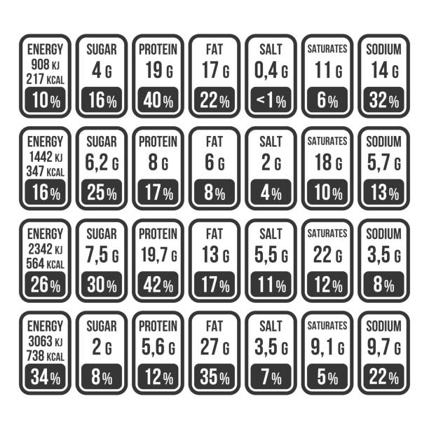 백색 배경에 영양 사실 정보 라벨 세트. 벡터 - grams stock illustrations